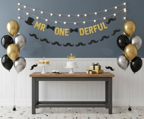 Image of SVM CRAFT Mr Onederful banner, Baby Boy's 1st Anniversary Birthday Party Supplies, gold