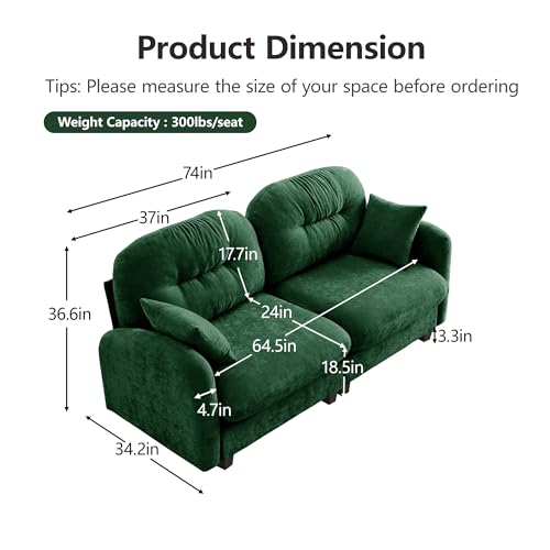 Image of KEIKI 74 inch Oversized Chenille Modular Sectional Loveseat Sofa with High-Density Foam Cushions and Tufted Pleated Cushion Backrest, Upholstered 2-Seater Cloud Couch with 2 Pillow, for Living Room, Green