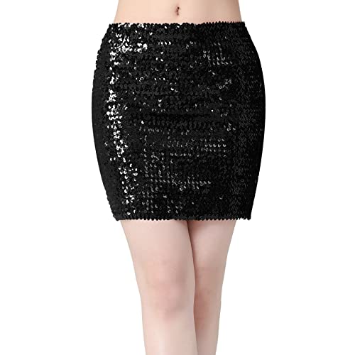 Faldas de Lentejuelas, Elásticas Bodycon Brillantes, Cintura Alta Básica, Mini Vintage Falda Corta Brillante Corta Hip Wrap Falda Minifalda para Fiesta Cóctel Vestido Performance Disfraz, Negro ,