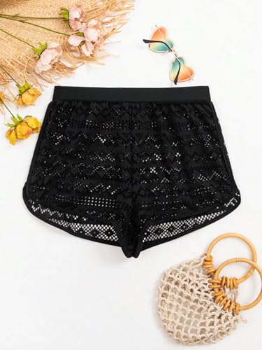 GORGLITTER Women's Crochet Cover Up Shorts Hollow Out Sheer Lace Bikini Swimsuit Summer Beach Shorts4