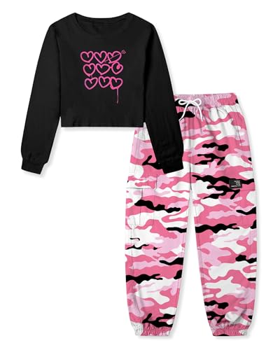 Betusline Girls 2 Piece Outfit Set,Black Heart Print Long Sleeve Crop Top & Black Pink Camo Cargo Jogger Pants Trendy Casual Clothes,7-8 Years = Tag 140