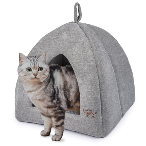 Image of Best Pet Supplies Cat Bed for Indoor Cat, Domed Tent House with Removable Pillow, Covered Cat Cave for Small Dog, Puppies and All Breeds of Cats - Gray, 16 x 16 x H:16 inch