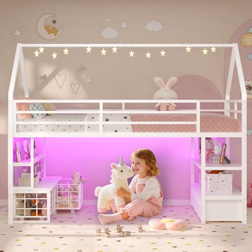 ADORNEVE Low Loft Bed Twin Size with 5 Storage Drawers, Twin Loft Bed with Bookcase & LED Lights, Open Storage Shelves, Metal House Bed with Safety Guardrail & Under-Bed Play Space for Kids, White - Thumbnail 3