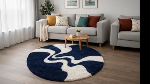 Image of Vintage Threads (Blue 3D 5x5 Ft Shaggy Carpet for Living Room & Bedroom | Ultra Soft Plush Long Pile Rug | Thick Fluffy 3D Modern Floor Carpet | Cozy Luxury Home Decor Rug