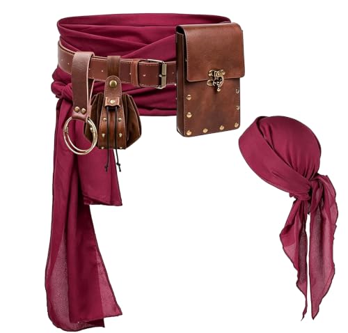 KOTORA Pirate Costume Pirate Head Scarf Bandanas Belt Waist Sash Medieval Belt Pouch Coin Purse Leather Hook Festival Sets (Brown 02-2Pouch)