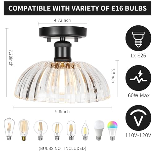 Image of JYZ Semi Flush Mount Ceiling Light, Black Ceiling Light Fixture with Ribbed Glass Shade, Vintage Light fixtures for Hallway, Entryway, Bathroom, Kitchen, Bedroom