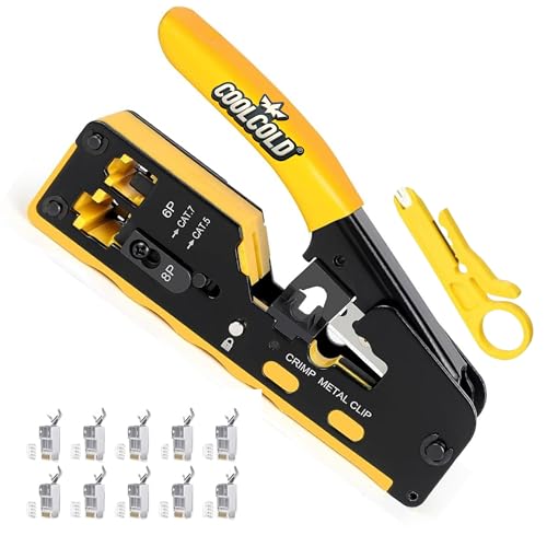 Image of COOLCOLD RJ45 Crimping Tool Kit with 10PCS Cat7 Connectors - Pass Through Ethernet Crimper for Cat5 Cat6 Cat7 Cable, Multifunction Network Crimp Tool for RJ45 RJ11 RJ12 6P 8P STP UTP LAN Cable Repair