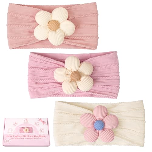Image of CÉLLOT 3 Pcs Baby Girl Headbands with Flower Nylon Headbands Soft Stretchy Headwear Hair Accessories for Newborn Infant Toddler Kids (Pink Beige Salmon)