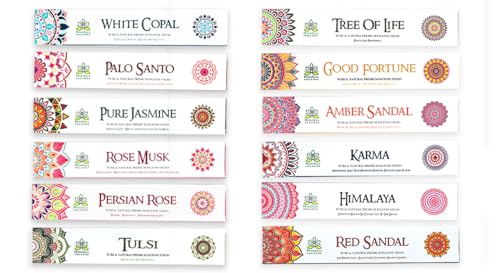 Image of Sticks Collection(12 Combo Fragrance Variety Pack) | Tulsi, Copal, Tree of Life, Palo Santo, Good Fortune, Rose, Karma, Jasmine, Amber Sandal, Himalaya, Sandalwood, Rose Musk