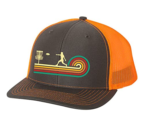 Trenz Shirt Company Disc Golf Retro Swirl Golfer Mens Embroidered Mesh Back Trucker Hat, Charcoal/Orange