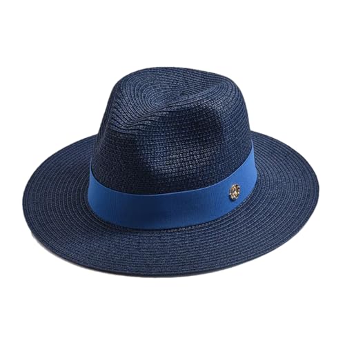 Sombreros de paja para mujeres y hombres, sombrero de verano Panamá, viajes, playa, sombrero, decoración de cinta, elegante sombrero de jazz, azul marino, 6 7/8 / 7 1/8