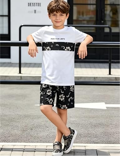 Image of Boys' 2 Piece Summer Outfit Cool Dinosaur & Camouflage Graphic Short Sleeve Tee & Shorts Set Size 4-12