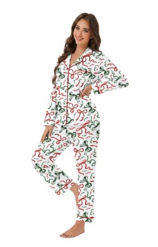 Image of LUBOT Christmas Pajamas for Women 100% Cotton Pajama 2 Piece PJ Set Soft Long Sleeve Button Xmas Print Loungewear XS-XXL