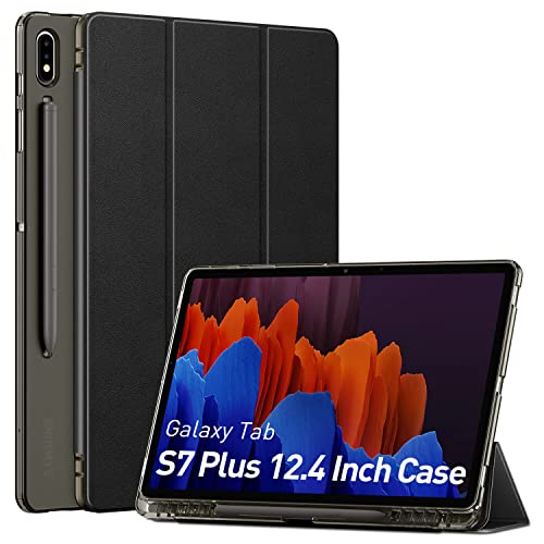 Supveco Samsung Tab S7 Plus 12.4 Inch Tablet Case 2020 [Sm-T970/T975/T976/T978], Translucent Soft Tpu Back Shell With S Pen Holder, Slim Smart Trifold Stand Cover For Galaxy Tab S7 + 12.4'', Black #TOP6