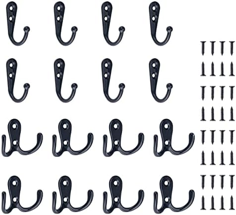 Bligo 16 Pack Black Coat Hooks - 8 Double Hooks and 8 Single Hooks for Hanging Towel Hat Bag, Heavy Duty Wall Mounted Coat Hanger with Screws for Bathroom Kitchen