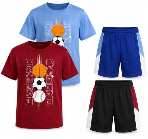 Image of Pro Athlete Boys Shorts Sets - 4 Piece Dry Fit Short Sleeve Crewneck Graphic Tee and Performance Shorts for Boys (Sizes 8-16)