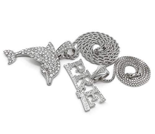 Hip Hop Jewelry Iced Silver Plated PRE & DOLPHIN Pendant & 20" Box, 24" Cuban Chain 2 Necklace Set4