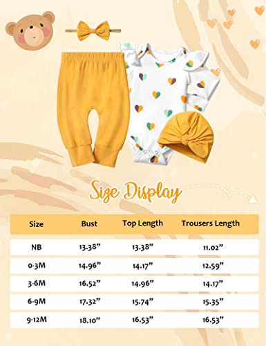 Kangkang Baby Girl Clothes 3-6 Months Baby Girl Clothes Baby Girl Winter Clothes Ruffle Long Sleeve Love Heart Romper Yellow Pants Hat Headband 4Pcs Baby Clothes For Girls Baby Girl Fall Outfits #TOP6