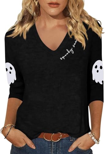 Casual 3/4 Sleeve V Neck Shirt for Women Funny Holiday Graphic Tee Fall Winter Loose Fit Tops