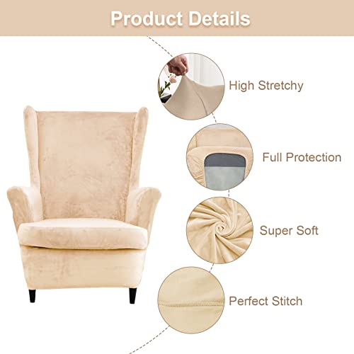 Wing Back Slipcover Velvet Chair Cover,Plush Chair Covers Armchair,Furniture Covers Protector for Living Room Bedroom Decoration (Velvet Beige) - Image 2