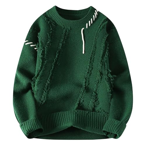 Men's Winter Ripped Sweater Loose Knit Pullover Trendy Streetwear Fringe Detail Casual Crewneck Woven Top Warm Oversized