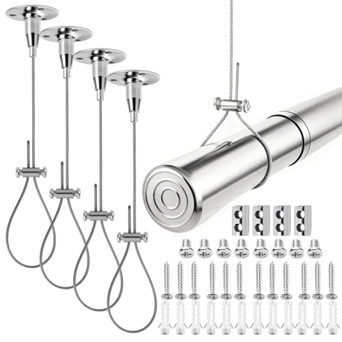 4 Pack Ceiling Mount Curtain Rod Support, 117" Heavy Duty Adjustable Stainless Steel Suspension Wire, Rustproof Anti-Sagging Bracket Kit for Curved, L-Shaped Rods, Closet Poles