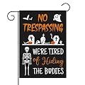 Halloween Skeleton Garden Flag - No Trespassing We're Tired of Hiding the Bodies Yard Flags Skull Ghost Burlap Double Sided Readable House Flags Trick or Treat Party Decors Supplies for Outdoor Lawn