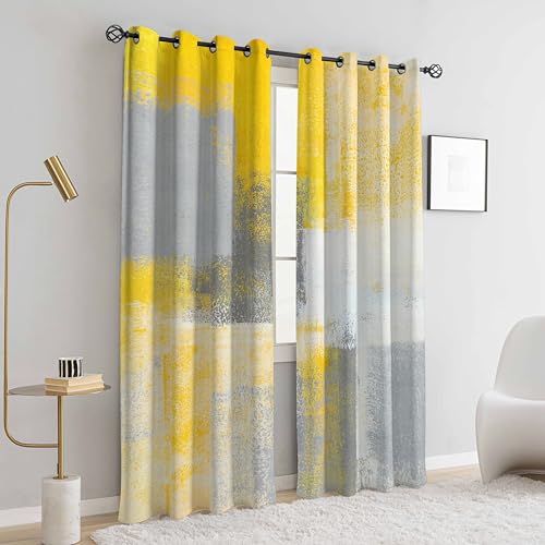 Image of Yellow Window Curtain Yellow Grey Abstract Thermal Insulating Drapes Rust Art Treatment Drapes Modern Curtains for Living Room Bedroom Hotel, 52 inch x 63 inch, 2 Panels