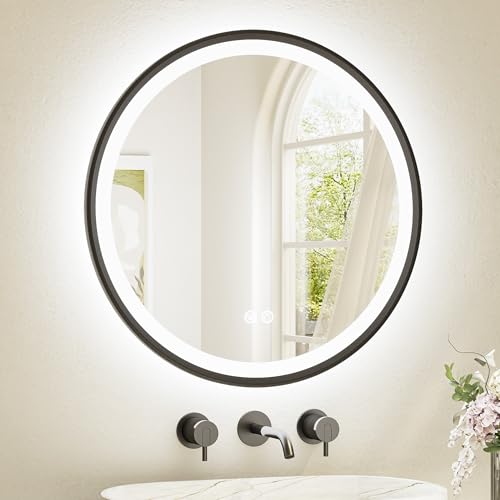 TETOTE Round Led Lighted Bathroom Mirror Matte Black Frame 24 Inch Front and Backlit Circle Round Light up Vanity Mirror with Lights, 3 Color Illuminated Dimmable Anti Fog Wall Mount, IP54 CRI 90+ by TETOTE - Used condition - US$89.01