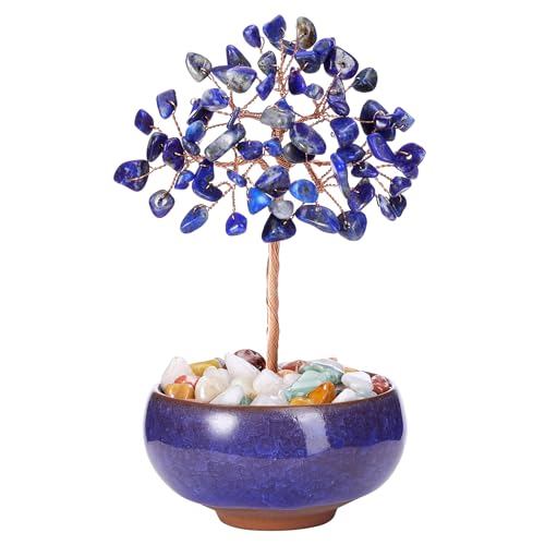 CrystalTears Lapis Lazuli Crystal Tree Copper Wire Wrapped Healing Gemstone Tree Life Feng Shui Money Trees Handmade Stone Trees for Home Office Decor Crystal Gifts for Christmas Birthday Good Luck