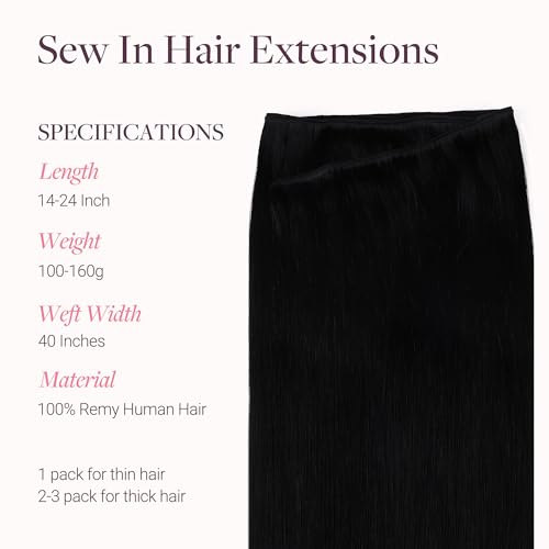 Image of GOO GOO Sew in Hair Extensions Real Human Hair, Weft Hair Extensions Human Hair, 1 Jet black 16inch 120g, Weft Bundles Straight Silky Remy Hair