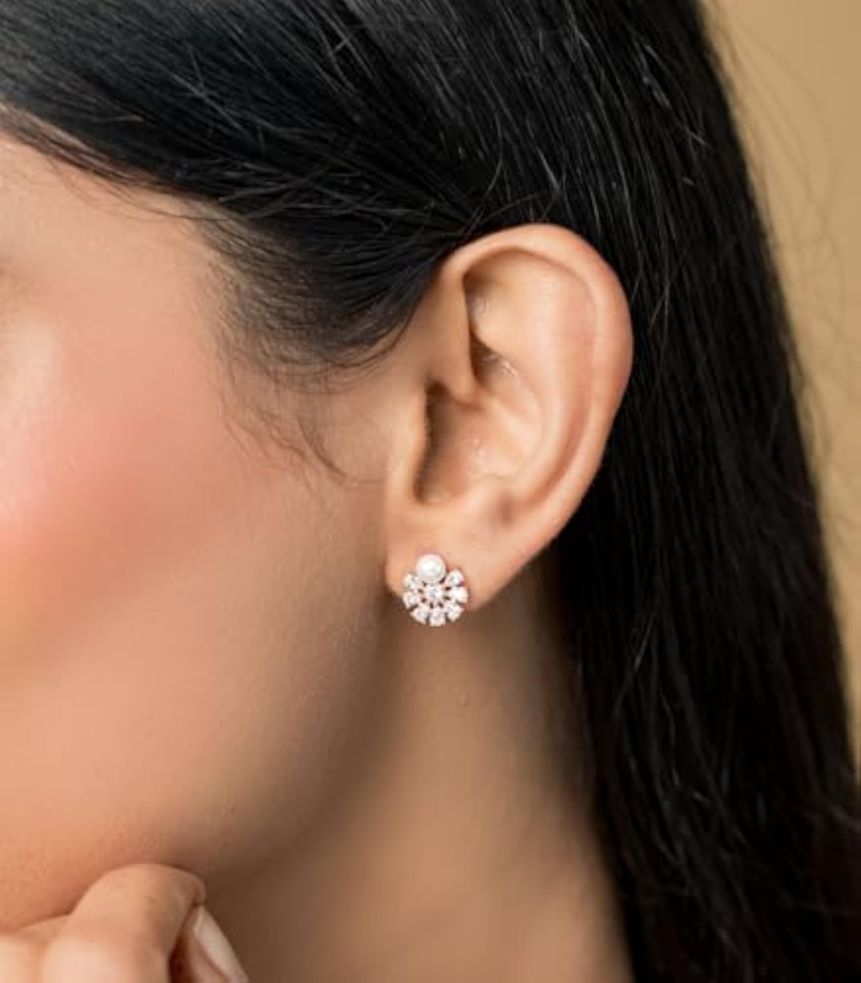 Women's 925 Sterling Silver Rose Gold Pearl Crystal Stud Earrings
