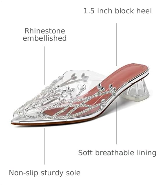 Image of AUMOTED Women's Clear Mule Sandals Pointed Toe Slingback Heels Rhinestone Heels Pumps Wedding Shoes