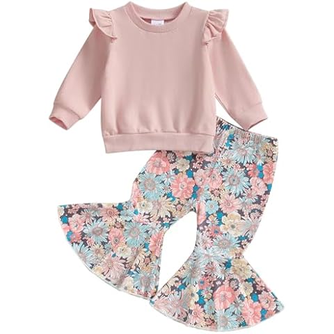 Mubineo Toddler Baby Girl Clothes Cute Outfits Long Sleeve Sweatshirt Tops Floral Bell Bottom Pant Fall Winter Outfit (Pink Flower, 2-3T) Cover