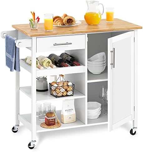 YITAHOME Kitchen Island Cart, 4-Tier 37.8'' Rolling Kitchen Cart with Storage, Serving Utility Trolley Cart On Wheel with Drawer and Cabinet, Towel Rack, Wood Top, White