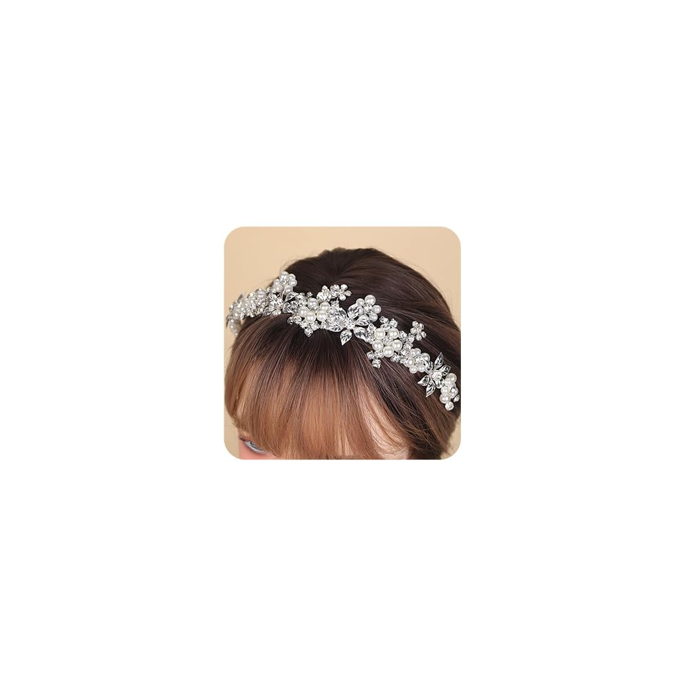 Teyglen Flower Wedding Headband Crystal Pearl Hair Band Bridal Rhinestone Pearl Headband Tiara for Bride Silver Leaf Headpiece Crown for Women