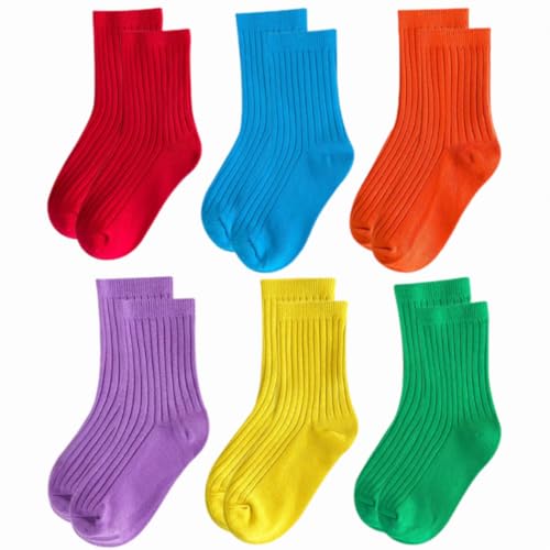 Kjuti Organic Cotton Ribbed Baby Crew Socks, Unisex, 6-Pack Solid Multicolor, Soft, Breathable, Eco-Friendly Toddler Socks .(US, Age,1-3 years)