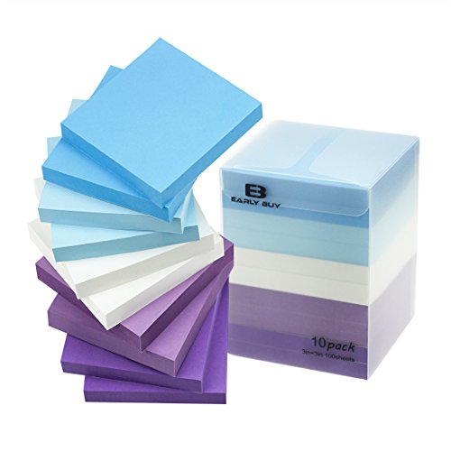Early Buy 5 Water Color Sticky Notes Self-Stick Notes 3 in x 3 in, 100 Sheets/Pad, 10 Pads/Pack in Box