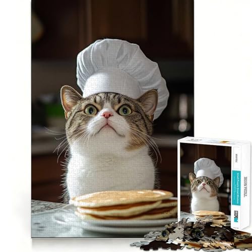 Puzzle de 1000 pièces Chat Chef avec des crêpes Décoration aux Bords Nets Résolution de problèmes Amusante et Facile Idée Cadeau pour Noël (38x26cm)