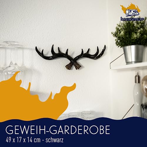 Hansmeier Geweih Kleiderhaken Garderobenhaken - Schwarz - Für Außen, Innen, Balkon & Garten - 49 cm - Hirschgeweih - Garderobe - Hohe Tragkraft
