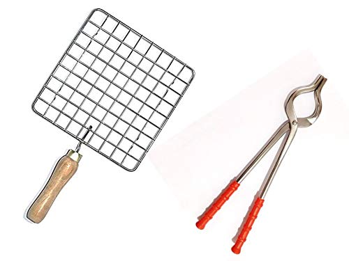 PUNO Stainless Steel Square Papad Jali(17cm)/Roti Roast Grill/Papad Roast Grill with Kitchen Pincer