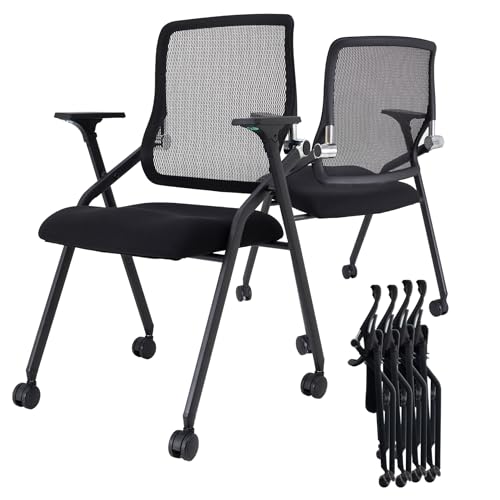 BROBRIYO 4 Pack Stackable & Foldable Conference Room Chairs with Lumbar Support, Armrest - Ergonomic Mesh Bouncing Back for Office Meeting, Conference, Reception and Training Room Chair