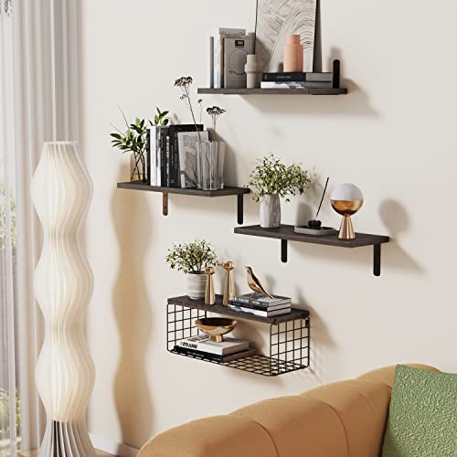 Floating Shelves With Storage Basket, Bathroom Shelves Over Toilet Paper Holder Storage Shelves, Wall Mounted Rustic Wood Shelves For Bathroom, Bedroom, Living Room, Kitchen(Brown, Set Of 4) #TOP4