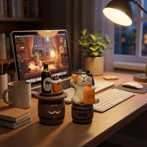 Funny Mini Cat Drinking Figurines Set - Resin Cat with Miniature Beer & Whiskey Barrel Figure for Desk Shelf Home Bar Decor, Unique Cat Lover Gift (Barrel Set) - Image 4