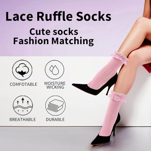 Image of Women Lace Ruffle Socks White Black Frilly Lolita Crew Dress Socks | Womens Ankle Lacy Ruffled Socks Adult Cute Soft Cotton Thin Sexy Mesh Lace Trim 80s Casual Church Socks for Ladies Big Girls