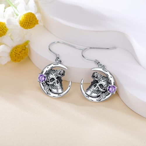 Amethyst Skull Dangle Earrings Sterling Silver for Women, Gothic Rose and Skull Moon Earrings Halloween Jewelry Christmas Birthday Gifts4