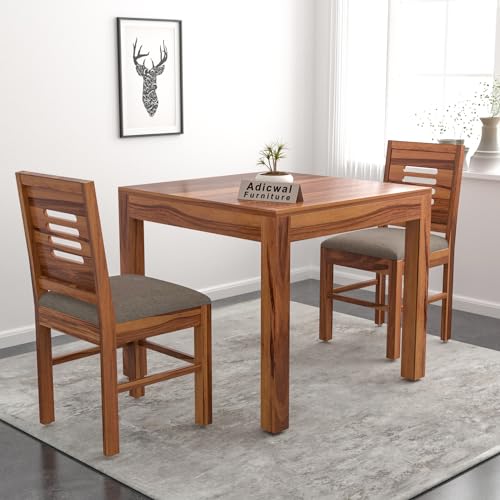 Image of Solid Sheesham Wood 2 Seater Dining Table Set with Cushioned Chairs for Dining Room | Living Room | Home & Office | Hotels Restaurant & Cafe (2 Seater, Honey)