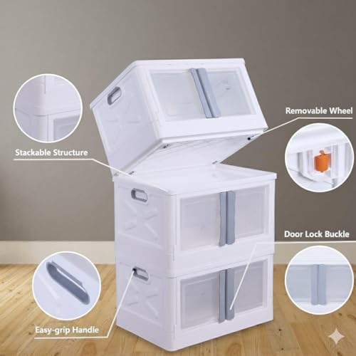 Image of URBAN LUXY Foldable Plastic Rack for Storage /Kitchen Cupboard /Sturdy Wardrobe for Clothes /Multipurpose Storage Organizer /Closet for Bedroom /Living Room /Laundry Room (White-Storage BIN - 2DOOR, 3PCS)