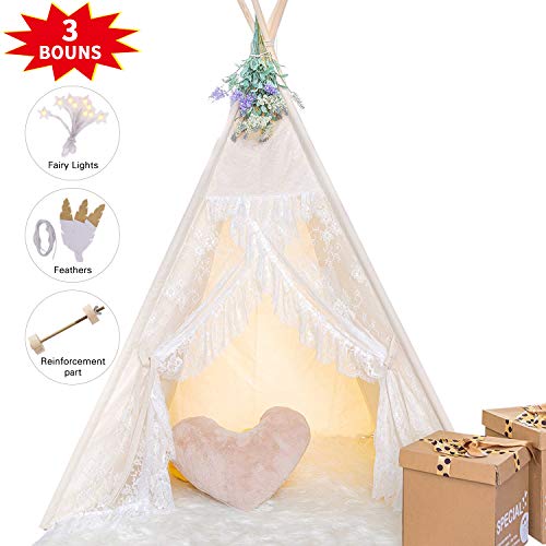 HAN-MM Floral Classic Ivory Kids Teepee Kids Play Tent with Ferry Light