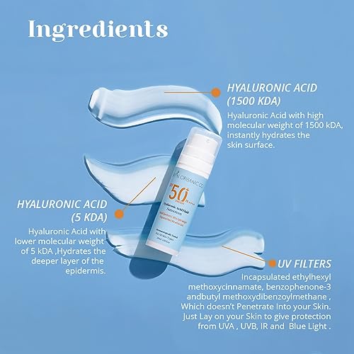 Image of Skyn Organic Co. Hyaluronic Acid Fluid Sunscreen Cream SPF 50 (PA++++) Broad Spectrum(UVA /UVB) Protection for Men And Women, Hydrating, Ultra Light Weight, 100% No-White Cast, All Type Skin 30 ML